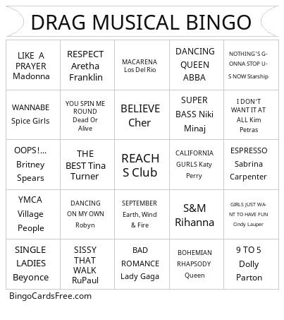 DRAG MUSICAL BINGO Cards Free Pdf Printable Game, Title: DRAG MUSICAL BINGO