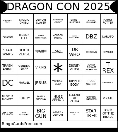Dragon Con 2025 Bingo Card
