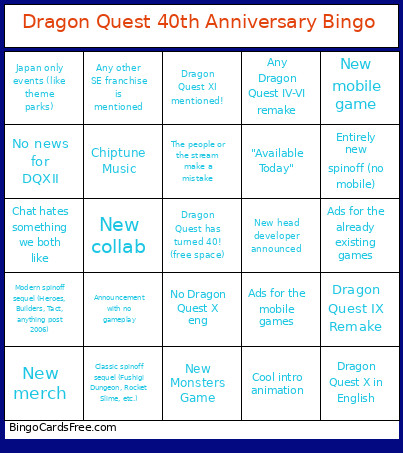 Dragon Quest 40th Anniversary Bingo Card