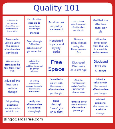 Dream Team Quality Bingo Card