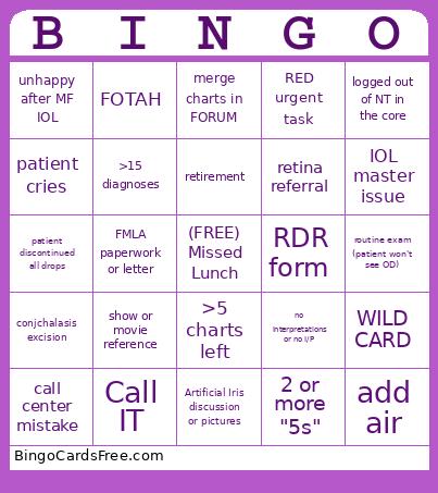 DRH Clinic Bingo Card