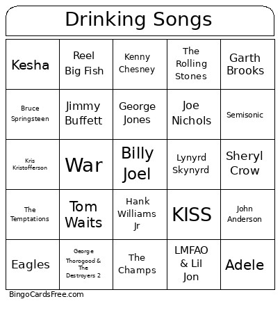 Drinking Songs Bingo Card