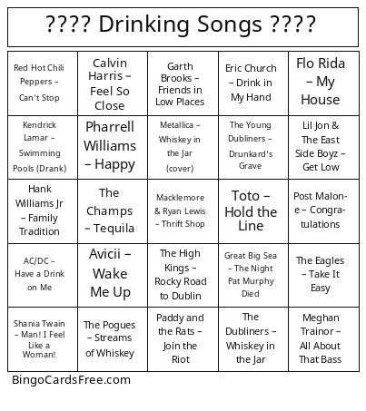 ???? Drinking Songs ???? Bingo