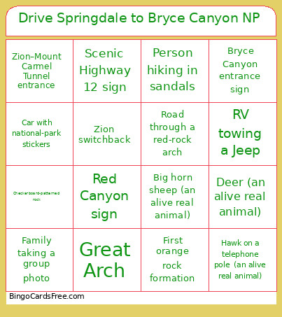 Drive Springdale To Bryce Canyon NP Bingo Card