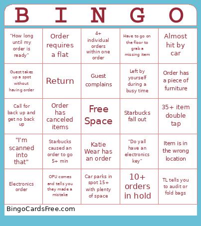 Drive Up Bingo Card