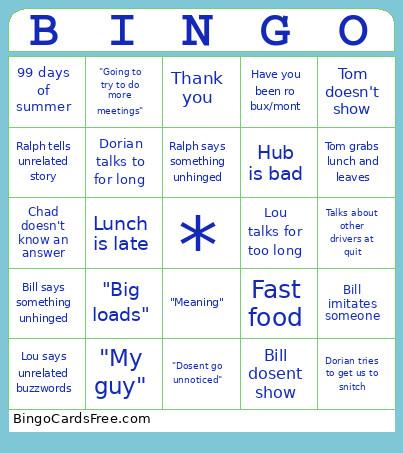 Driver Lunch Bingo Card