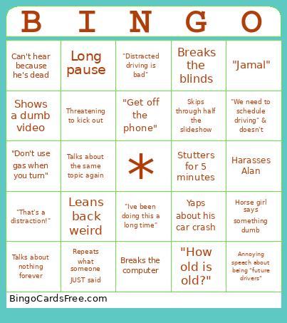 Drivers Ed Bingo Card 2