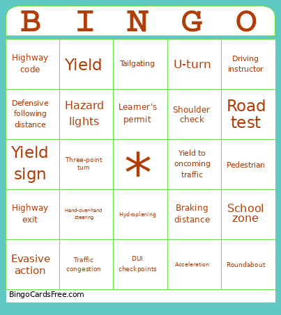 Drivers Ed Bingo Card