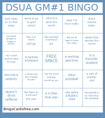 DSUA GM#1 Bingo Card