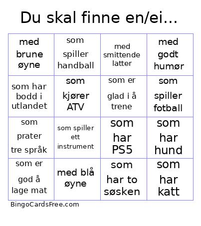 Bli kjent-bingo Cards Free Pdf Printable Game, Title: Du skal finne en/ei...