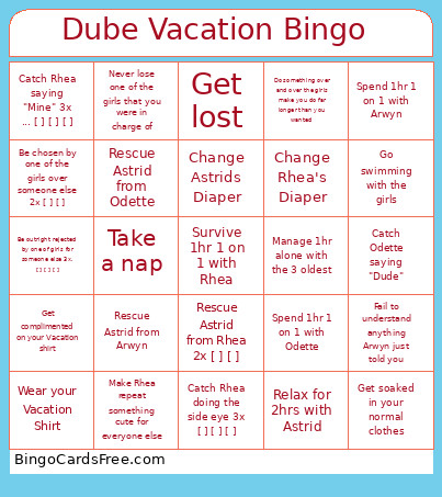 Dube Vacation Bingo Card