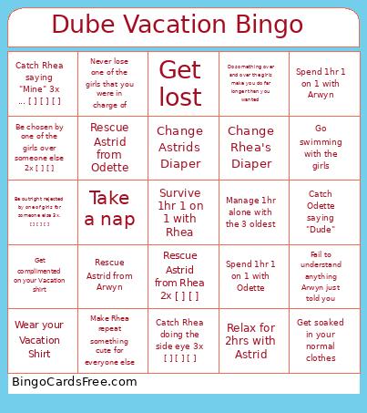 Dube Vacation Bingo Card