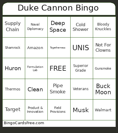 Duke Cannon Bingo Card