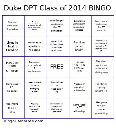 Duke DPT Class Of 2014 Bingo Card