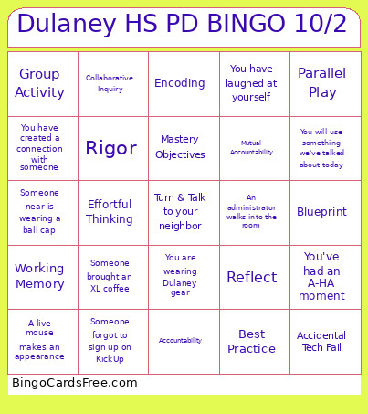 Dulaney HS PD 10/2 Bingo Card