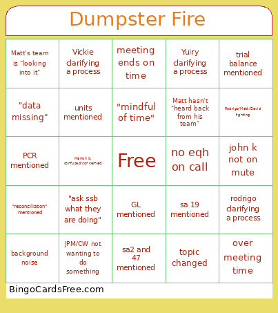 Dumpster Fire Bingo Card 2
