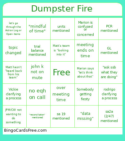 Dumpster Fire Bingo Card