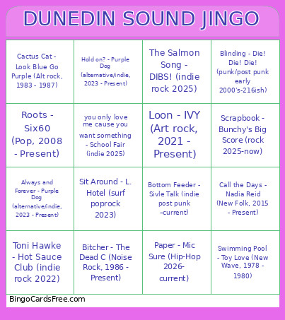 Dunedin Sound Jingo Bingo Card