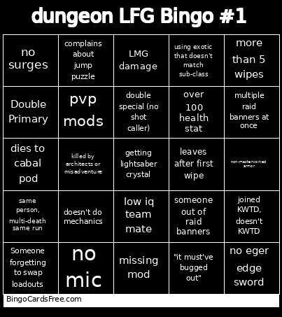 Dungeon LFG #1 Bingo Card