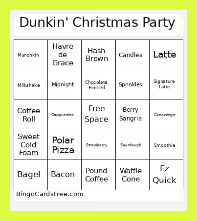 Dunkin' Christmas Party Bingo Card