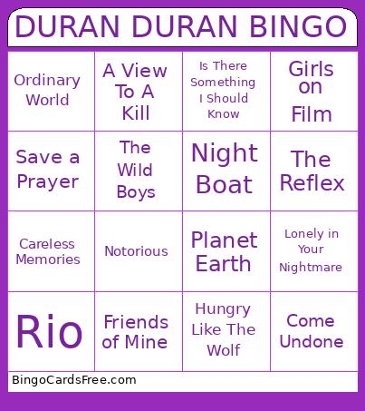 Duran Duran Bingo