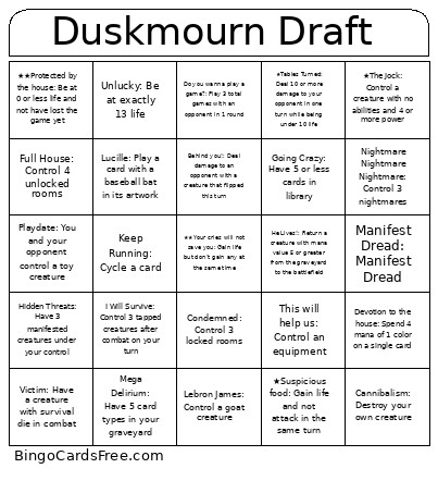 Duskmourn Draft Bingo Card