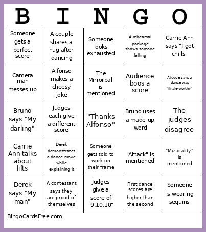 DWTS Bingo Card