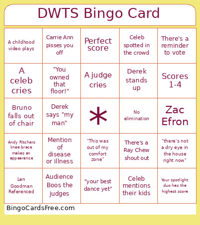 DWTS DEDICATION NIGHT Bingo Card
