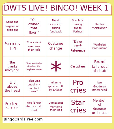 DWTS LIVE! ! WEEK 1 Bingo Card