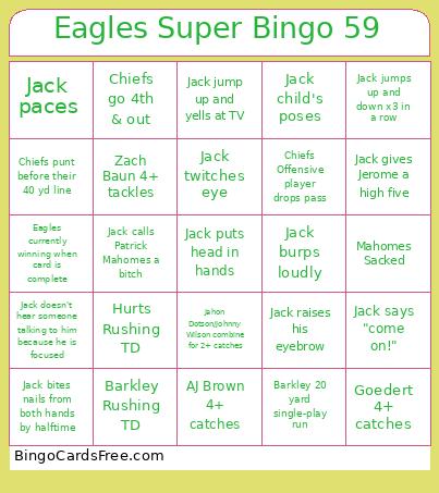 Eagles Super 59 Bingo Card