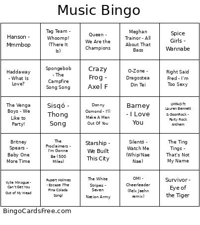 Ear Worm Music Bingo Card