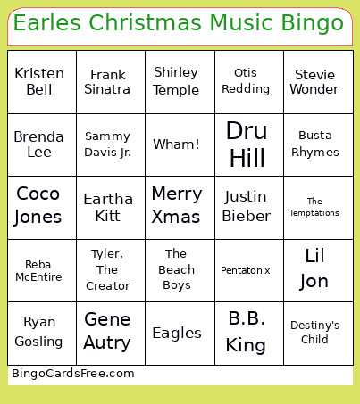 Earles Christmas Music Bingo Card