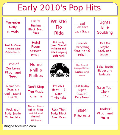 Early 2010's Pop Hits Bingo Card