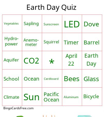 Earth Day Quiz Bingo Cards Free Pdf Printable Game, Title: Earth Day Quiz