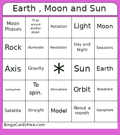 Earth , Moon And Sun Bingo Card