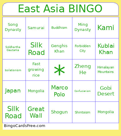 East Asia Bingo Card 2