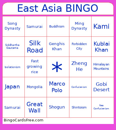 East Asia Bingo Card