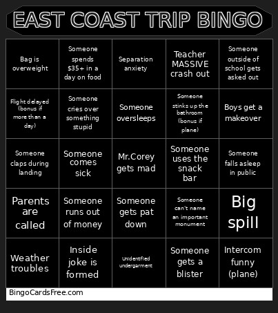 EAST COAST TRIP Bingo Card