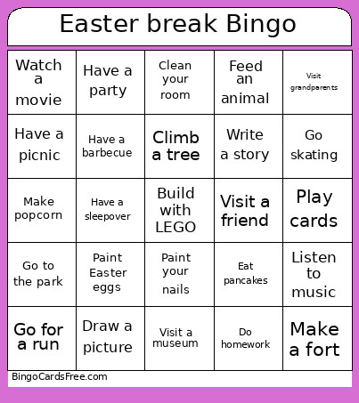 Easter Break Bingo Card