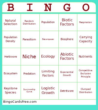 Ecology Bingo Card