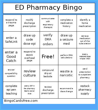 ED Pharmacy Bingo Card