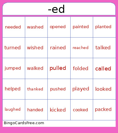 -ed Suffix Bingo Card