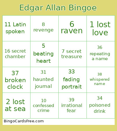Edgar Allan E Bingo Card