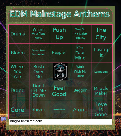 EDM Mainstage Anthems Bingo Card