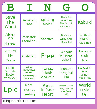 EDM Music Bingo Card