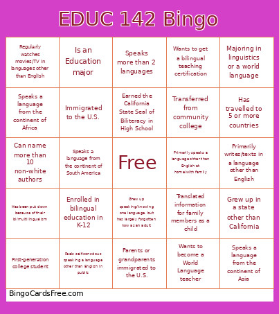 EDUC 142 Bingo Card