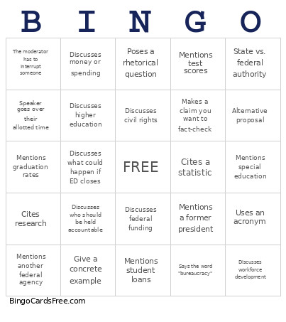 Education Polucy Debate Watch Party Bingo Card