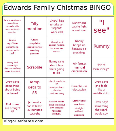 Edwards Family Chistmas Bingo Card