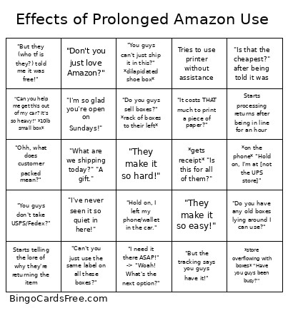 Effects Of Prolonged Amazon Use Bingo Card