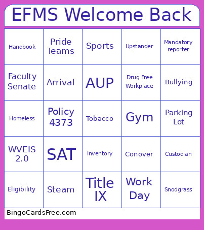 EFMS Welcome Back Bingo Card